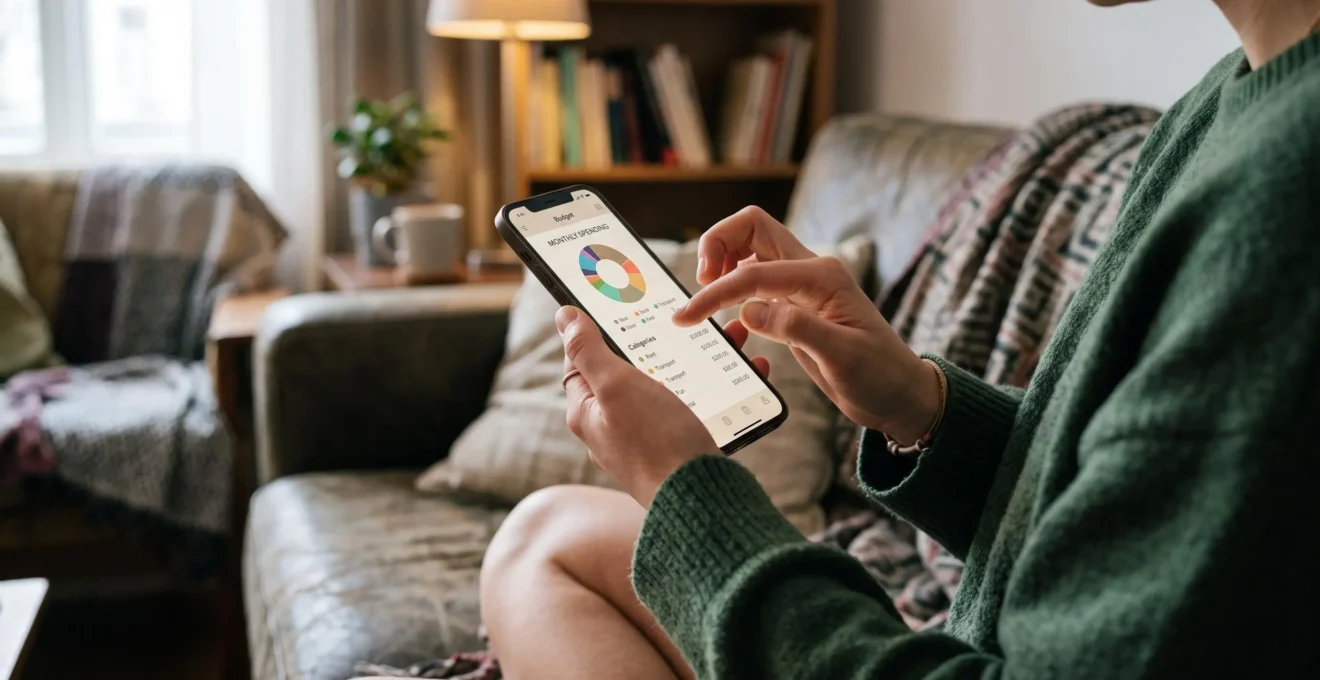 Étudiant utilisant une application de gestion budgétaire sur smartphone pour consulter ses dépenses et catégories de budget