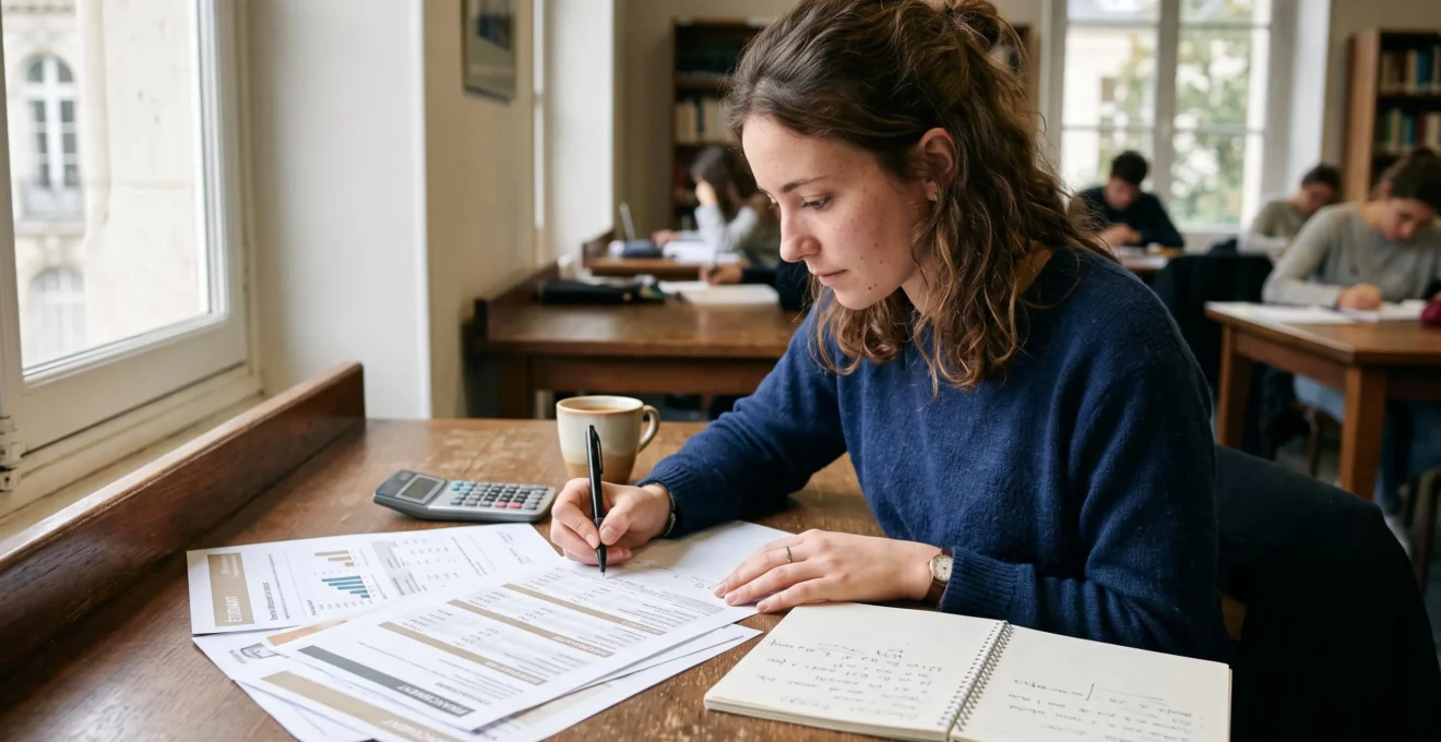 Étudiant consultant des documents financiers et prenant des notes sur un bureau avec calculatrice pour étudier les options de prêt étudiant