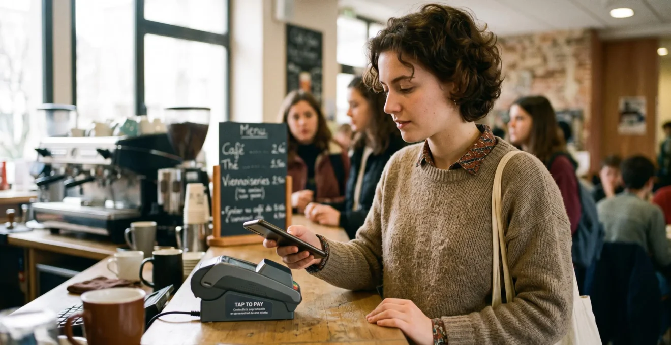 Étudiant effectuant un paiement sans contact avec son smartphone au comptoir d'un café sur un campus universitaire