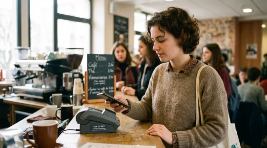 Étudiant effectuant un paiement sans contact avec son smartphone au comptoir d'un café sur un campus universitaire