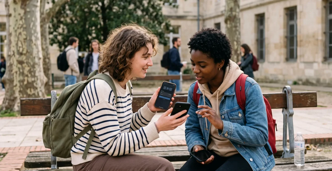 Deux étudiants sur un campus universitaire utilisant leurs smartphones pour effectuer un transfert d'argent instantané entre amis