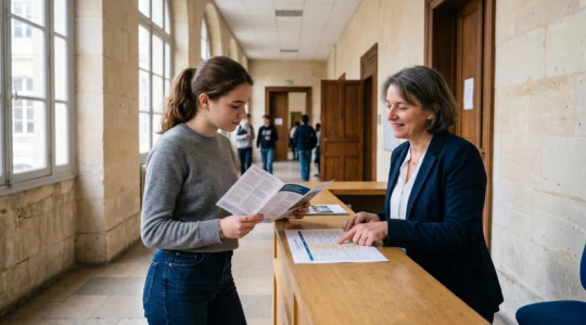 Un étudiant consulte une brochure d'information et échange avec un membre du personnel dans le hall d'une école préparatoire en France.